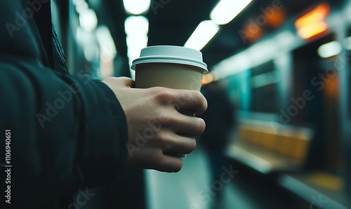 Person holding coffee cup in subway station