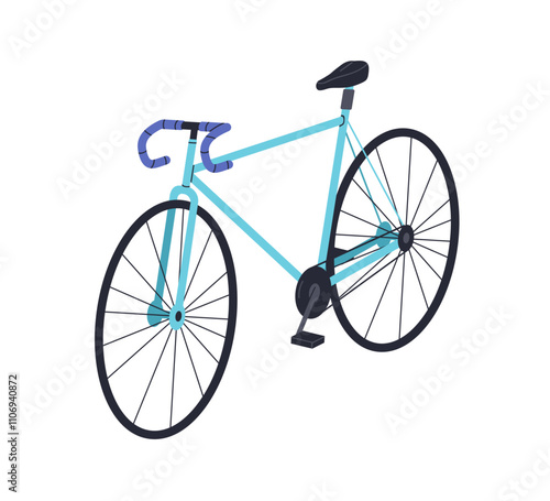 Bicycle, eco transport. Bike, modern design. Sport vehicle for cycling, fitness, road travel. Handlebars, pedals and wheels in perspective. Flat vector illustration isolated on white background