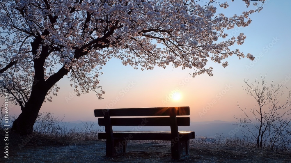 A Bench Beneath a Blooming Tree at Sunrise A Bench Beneath a Blooming Tree at Sunrise