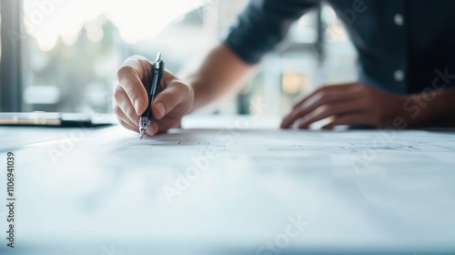 A close-up of a hand sketching on a blueprint or technical drawing in a brightly lit workspace.