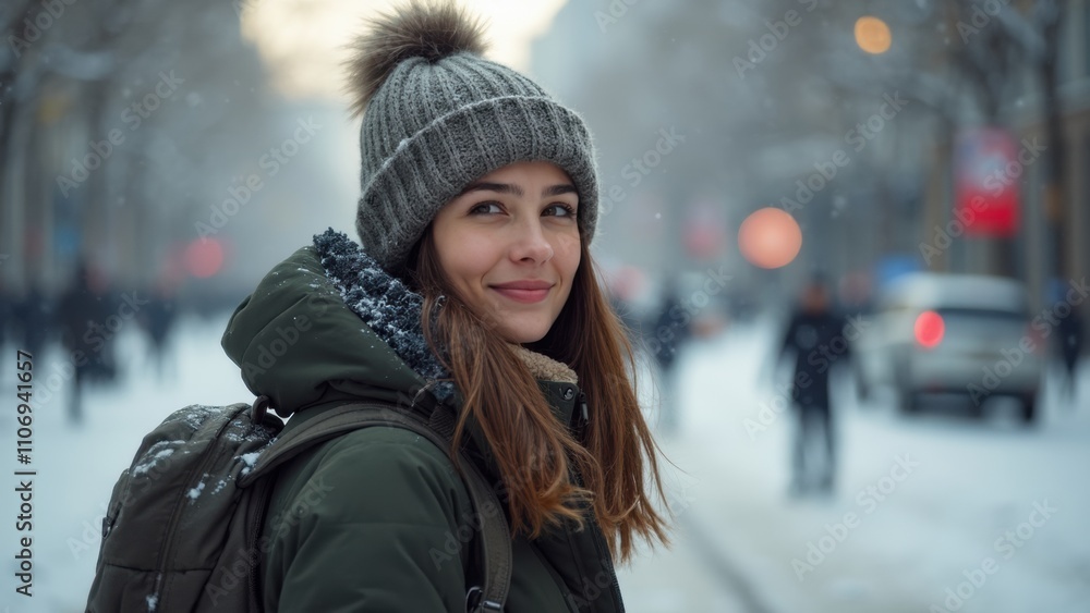 Woman Enjoying a Snowy Street During Christmas Festivities Woman Enjoying a Snowy Street During Christmas Festivities