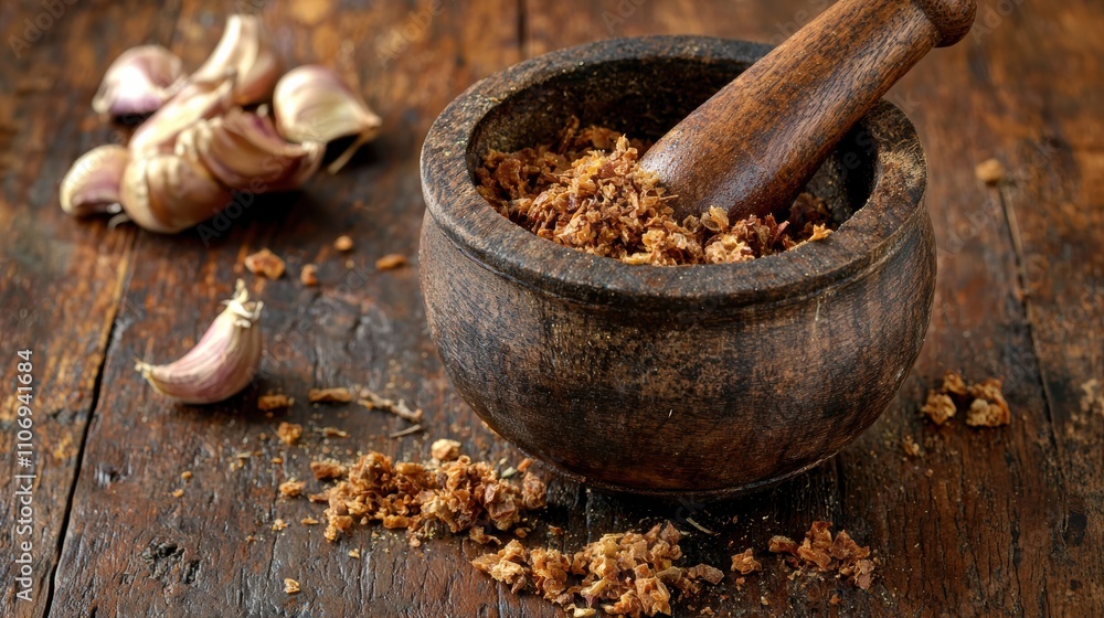 Cooking action grinding spices in a rustic kitchen food preparation natural setting close-up view Cooking action grinding spices in a rustic kitchen food preparation natural setting close-up view
