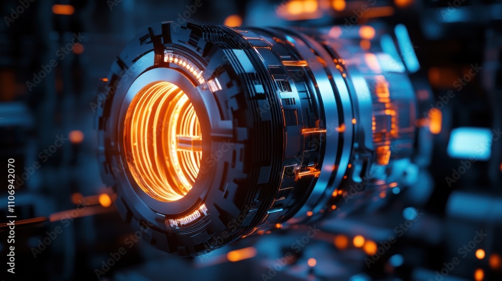 Futuristic glowing metallic cylindrical engine, close-up. Futuristic glowing metallic cylindrical engine, close-up.