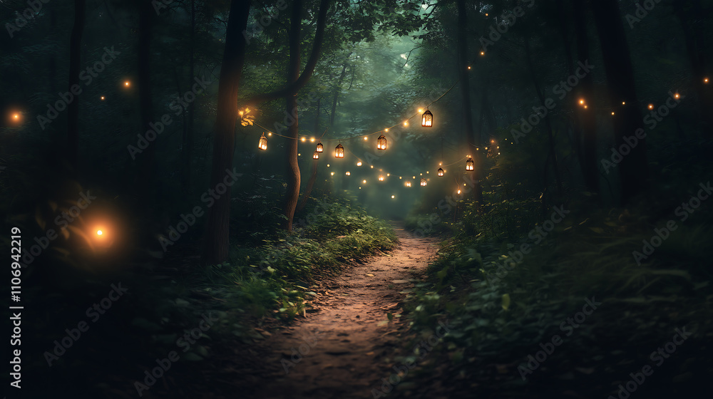 Fototapeta premium Road through a forest and lanterns can be seen