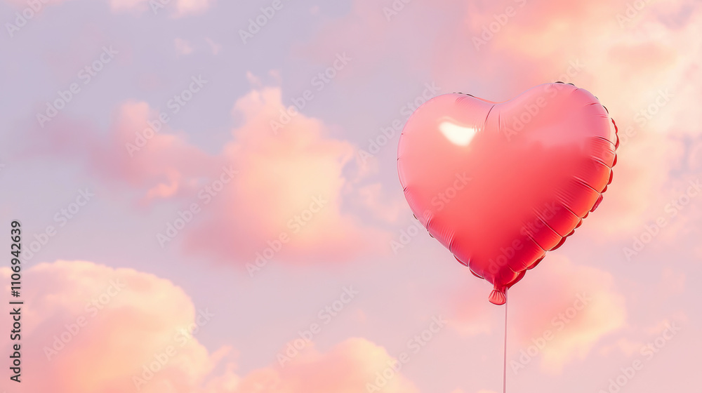 Heart shaped balloon in a dreamy pink fluffy cloud sky Heart shaped balloon in a dreamy pink fluffy cloud sky