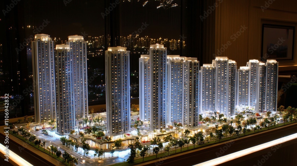 Fototapeta premium Illuminated Model of a Modern Skyscraper Cityscape