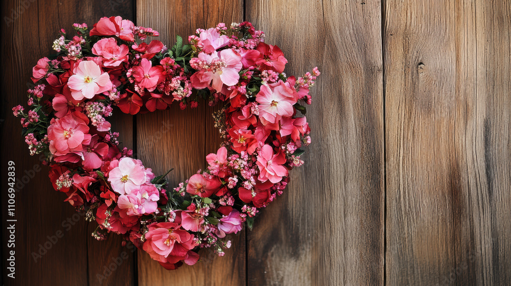 Heart-shaped floral wreath on rustic wooden background Heart-shaped floral wreath on rustic wooden background