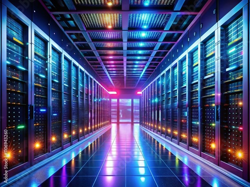 Futuristic Data Server Room with Glowing Lights and Digital Storage Units, Representing Cutting-Edge Technology and Innovation in Modern Computing Environments