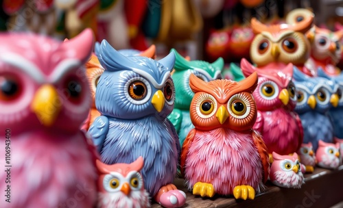 owl christmas Cute colorful ceramic owl toys of different sizes close-up souvenir shop in the market  animal, decoration, season, bird photo