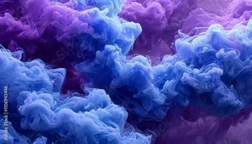 Vibrant blue smoke swirling against a purple background creates a mesmerizing and abstract artistic effect, perfect for creative designs and digital backgrounds.