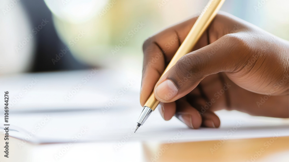 Fototapeta premium hand holding pen, ready to write on blank sheet of paper