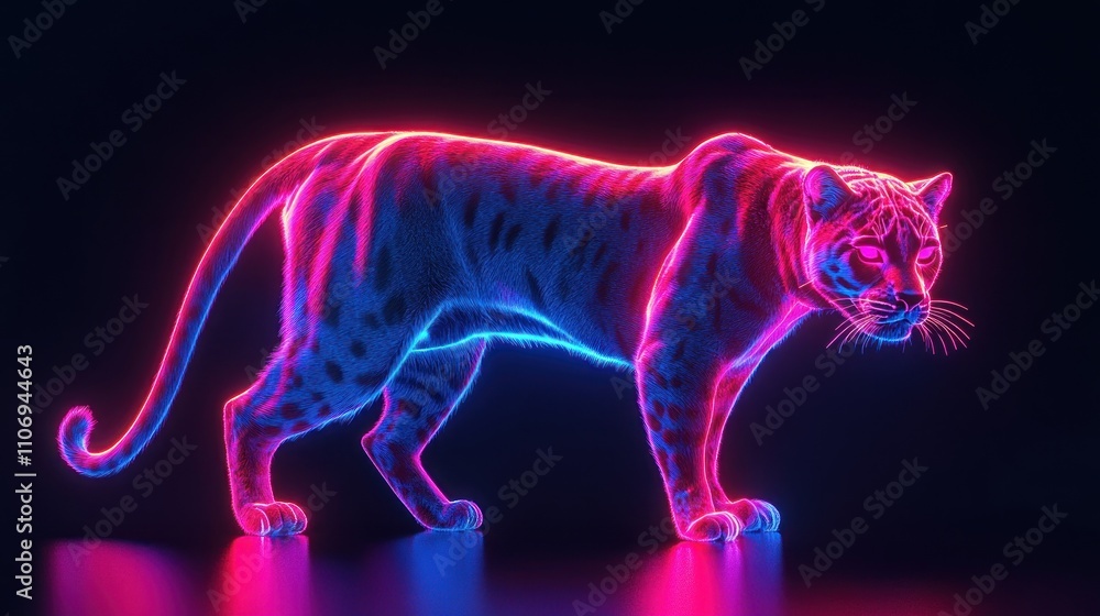 A neon-lit, stylized depiction of a tiger, showcasing vibrant colors and digital art aesthetics. A neon-lit, stylized depiction of a tiger, showcasing vibrant colors and digital art aesthetics.