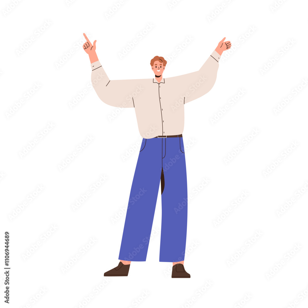 Happy business man with arms up, finger pointing, advertising. Smiling cheerful excited office worker character celebrating in funny pose. Flat vector illustration isolated on white background Happy business man with arms up, finger pointing, advertising. Smiling cheerful excited office worker character celebrating in funny pose. Flat vector illustration isolated on white background