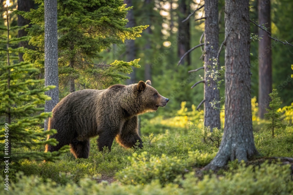 Wild Brown Bear (Ursus Arctos) in the summer forest. Animal in natural habitat. Wildlife scene Wild Brown Bear (Ursus Arctos) in the summer forest. Animal in natural habitat. Wildlife scene
