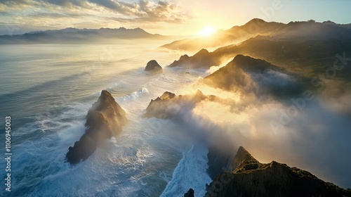 A breathtaking sunrise over rugged coastal cliffs, with waves crashing against rocks and mist rising from the ocean, creating a serene and picturesque landscape.
