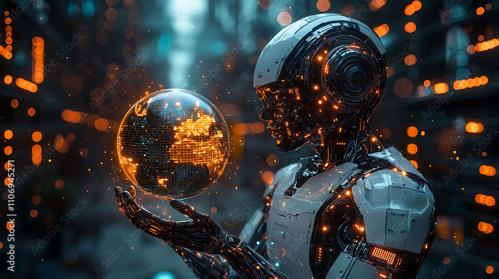 Futuristic AI robot holding a glowing holographic globe. Futuristic AI robot holding a glowing holographic globe.