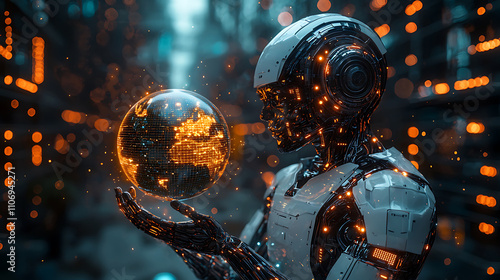 Futuristic AI robot holding a glowing holographic globe.