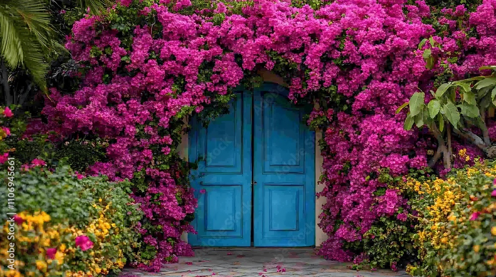 A vivid turquoise gate beneath an arch of vibrant pink and purple bougainvillea flowers, the tropical scene bathed in warm, soft light, creating a lush and captivating garden entrance, hd quality, A vivid turquoise gate beneath an arch of vibrant pink and purple bougainvillea flowers, the tropical scene bathed in warm, soft light, creating a lush and captivating garden entrance, hd quality,