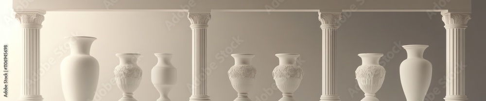 A collection of elegant white vases arranged on a shelf, showcasing minimalist design. A collection of elegant white vases arranged on a shelf, showcasing minimalist design.