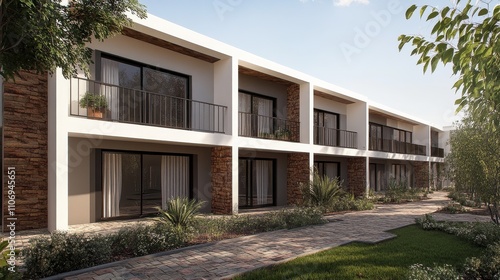 Modern Apartment Building with Brick Accents and Balconies
