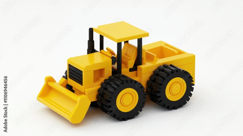 A yellow construction vehicle model with a front loader, designed for building and excavation tasks. A yellow construction vehicle model with a front loader, designed for building and excavation tasks.