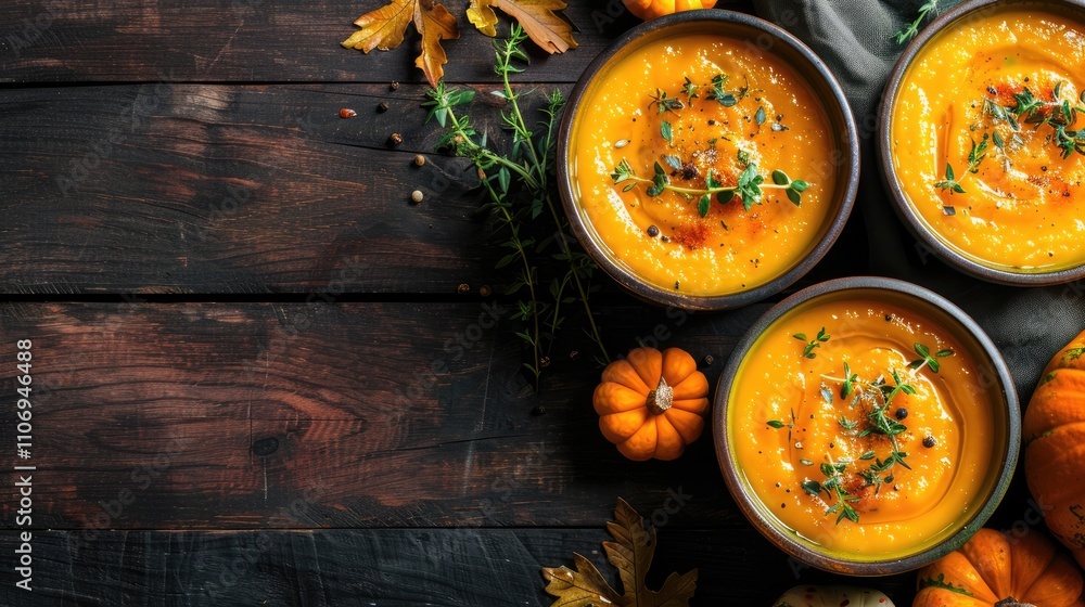 Autumn-themed vegan pumpkin soup with thyme on dark wooden background Autumn-themed vegan pumpkin soup with thyme on dark wooden background