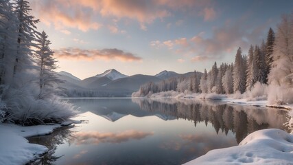 Crédence de cuisine  winter snow mountain forest lake sunrise  © SolarLab