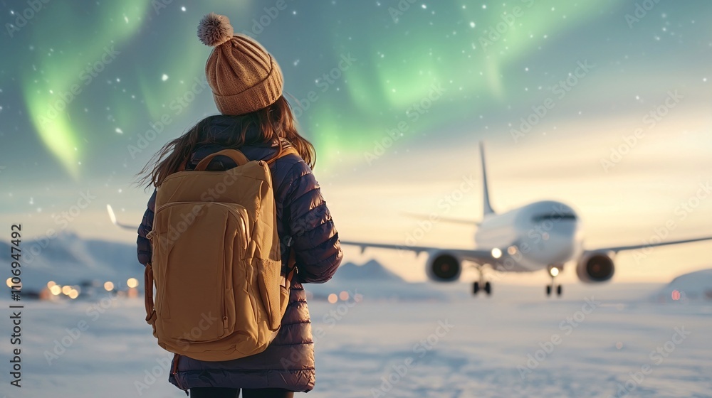 A traveler admires the auroras while facing a plane in a snowy landscape, capturing the essence of adventure and wonder.