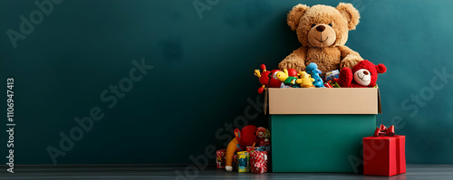 Donation Box Overflowing with Toys;  Teddy Bear and Colorful Presents Await Giving