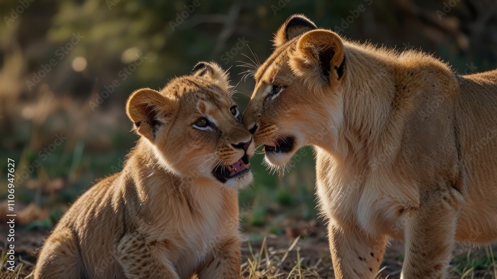 Two lion cubs nuzzle affectionately in golden light. Two lion cubs nuzzle affectionately in golden light.