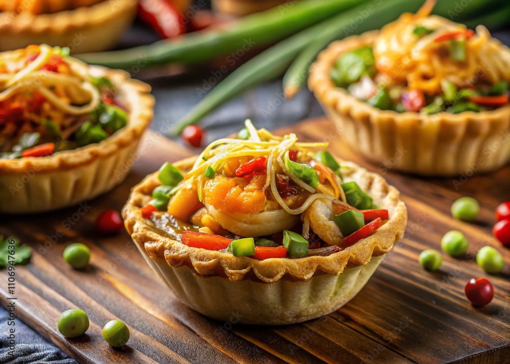 Generative AI Image of Kueh Pie Tee - A Crispy Pastry Tart Shell Filled with Spicy Shredded Turnips, Vegetables, and Prawns, Perfect for Culinary and Food Photography Projects Generative AI Image of Kueh Pie Tee - A Crispy Pastry Tart Shell Filled with Spicy Shredded Turnips, Vegetables, and Prawns, Perfect for Culinary and Food Photography Projects