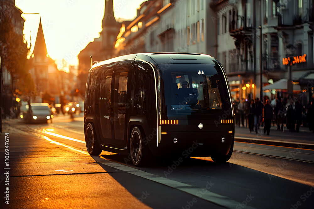 Fototapeta premium Autonomous Electric Shuttle Navigating City Streets at Sunset