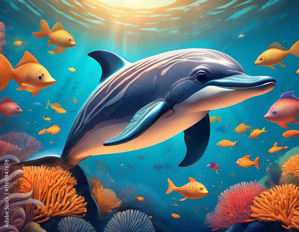 Fototapeta premium Cartoon dolphin surrounded by small sea fish