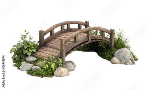 A small garden bridge, cozy aesthetic, wooden material, soft natural tones, isolated on white background