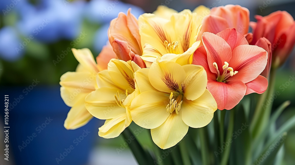 Fototapeta premium Vibrant Yellow and Coral Lilies in Full Bloom, Spring Flowers, Nature's Beauty, Close-up Photography