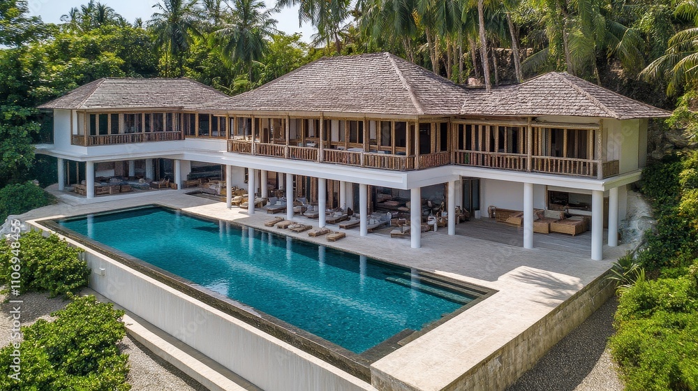 A Large White Villa with a Swimming Pool and Lush Greenery A Large White Villa with a Swimming Pool and Lush Greenery