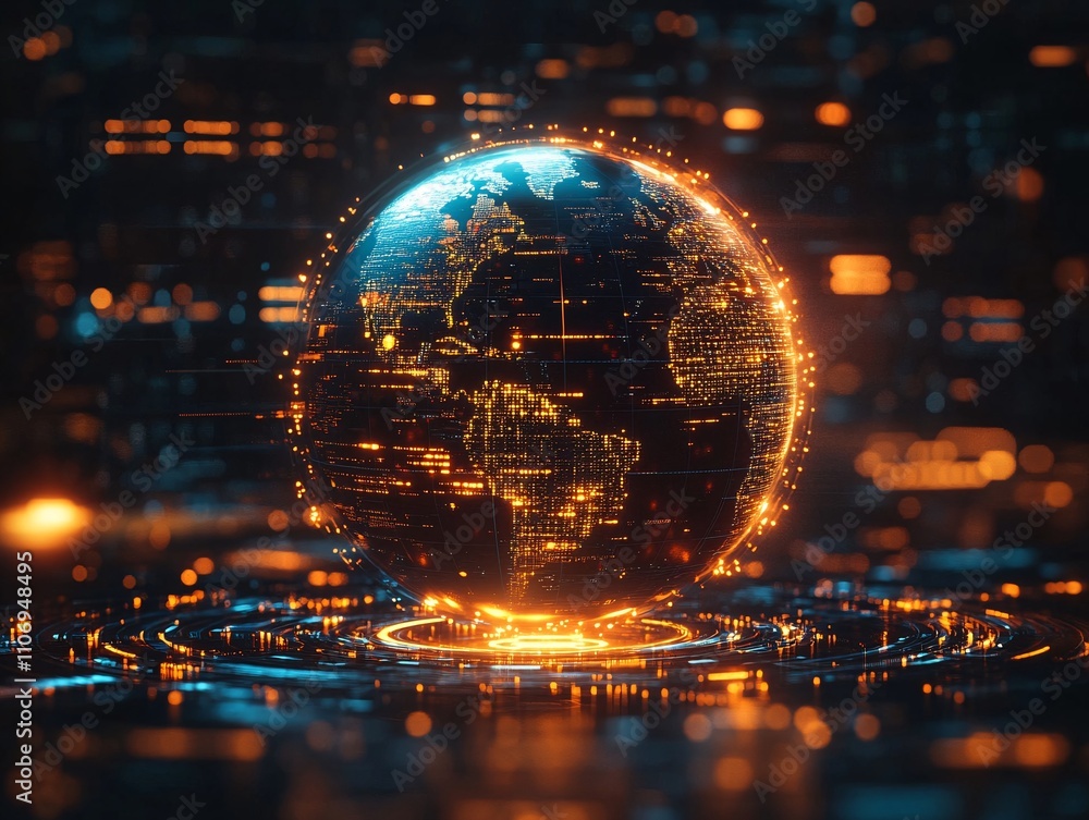 A glowing, digital globe surrounded by dynamic circuitry and glowing elements, representing technology and global connectivity. A glowing, digital globe surrounded by dynamic circuitry and glowing elements, representing technology and global connectivity.