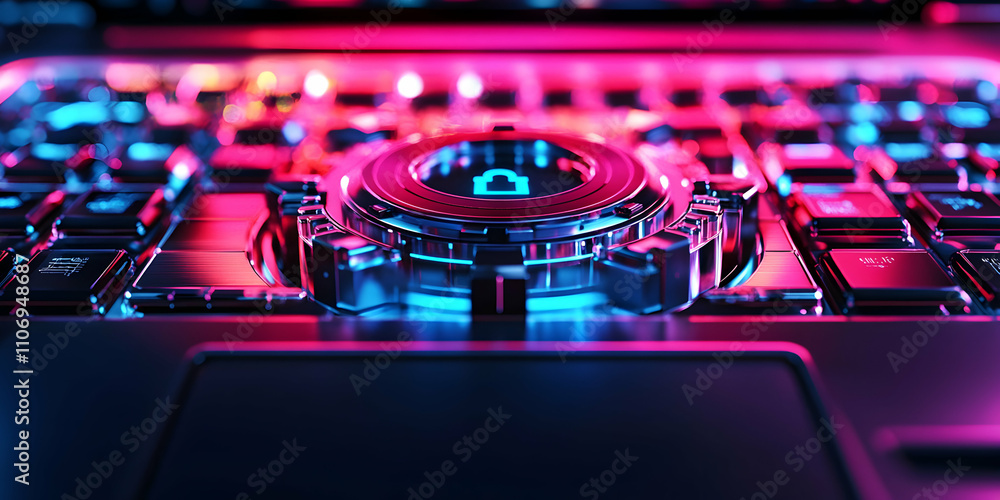 Abstract Futuristic Technology, Cybersecurity Interface Glows with Neon Lights, Digital Lock Symbol Illuminates a Sleek, High-Tech Keyboard. Abstract Futuristic Technology, Cybersecurity Interface Glows with Neon Lights, Digital Lock Symbol Illuminates a Sleek, High-Tech Keyboard.