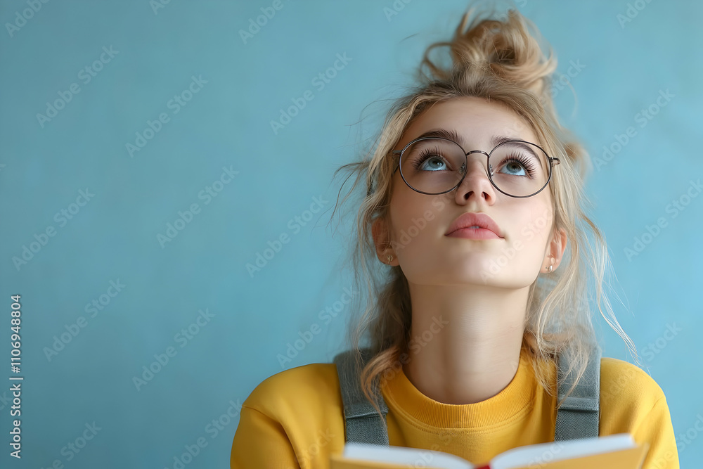 Young Woman in Yellow Sweatshirt, Contemplative Gaze Upward, Holding a Book, Daydreaming, Pondering, Thoughtful Expression, Blue Background Young Woman in Yellow Sweatshirt, Contemplative Gaze Upward, Holding a Book, Daydreaming, Pondering, Thoughtful Expression, Blue Background