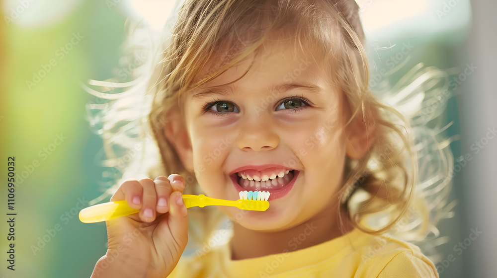 Happy little girl in yellow t-shirt brushing teeth with yellow toothbrush Happy little girl in yellow t-shirt brushing teeth with yellow toothbrush