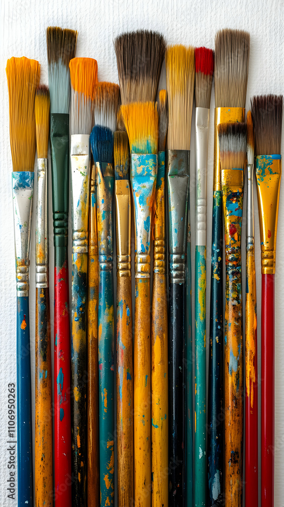 Fototapeta premium Vibrant Paintbrushes, A Colorful Collection of Well-Used Artist's Tools Arranged Vertically Against a White Background