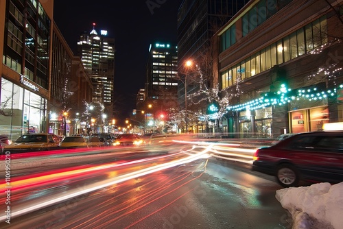 A long exposure shot of city traffic trails at night.