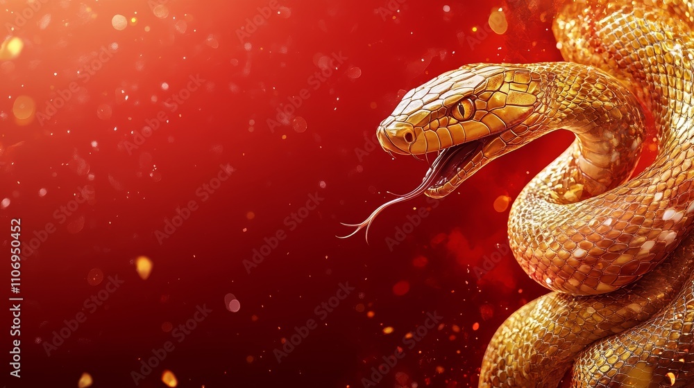 Golden Snake on Red Background for Chinese New Year 2025 Celebration Golden Snake on Red Background for Chinese New Year 2025 Celebration