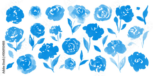 Set of hand drawn  roses. Watercolor flowers, leaves. Elegant botanical print, design element. Watercolor flowers, leaves.