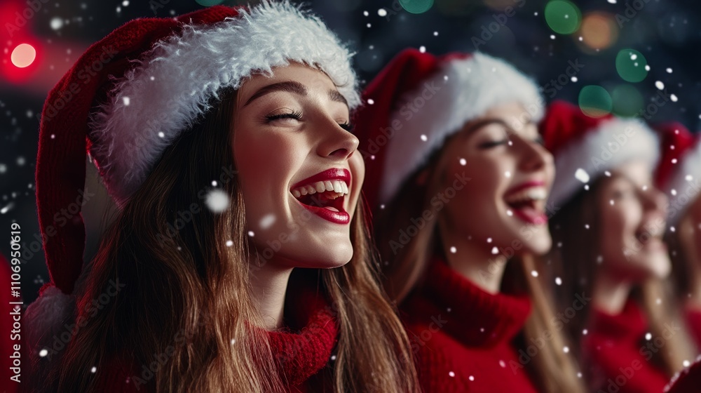 Young Woman Singing Christmas Song with Joyful Expression and Santa Hat Young Woman Singing Christmas Song with Joyful Expression and Santa Hat