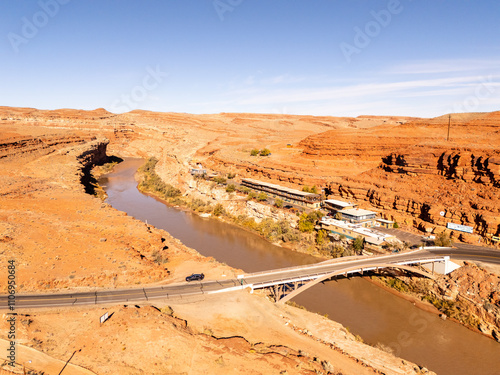 US highway 163, bridge over San Juan river near Mexican Hat, Utah. Aerial view photo