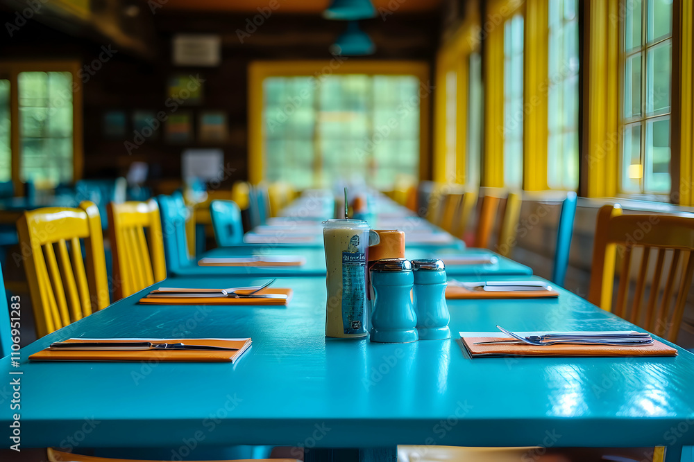 Vibrant Teal Restaurant Table Setting, A Colorful Casual Dining Experience with Place Settings and Condiments Ready. Vibrant Teal Restaurant Table Setting, A Colorful Casual Dining Experience with Place Settings and Condiments Ready.