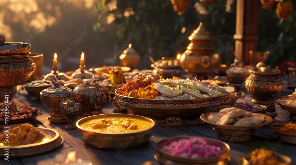 Traditional Indian Food Platter with Various Dishes on Wooden Table Traditional Indian Food Platter with Various Dishes on Wooden Table