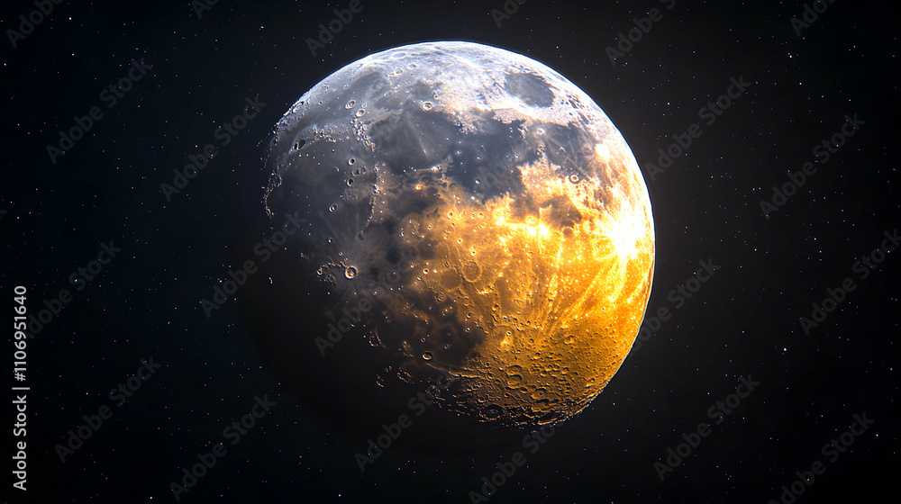 Obraz premium Celestial Orb, Golden Lunar Surface, Cratered Terrain, Illuminated in Space's Dark Embrace