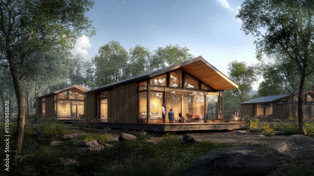 A Modern Cabin Nestled in a Forest Setting at Dusk A Modern Cabin Nestled in a Forest Setting at Dusk